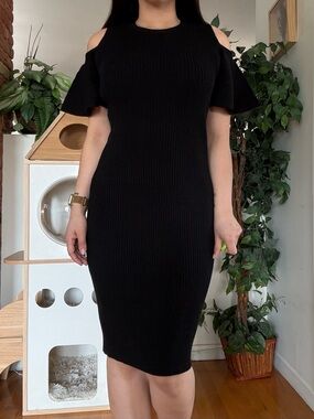 Club Monaco Black Ribbed Cold Shoulder Midi Dress Minimal